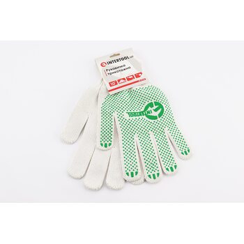 Рукавиці робочі 60% бавовна/40% поліестер 10", клас в'язки 7, білий, з платуванням, зелена ПВХ точка SP-0126
