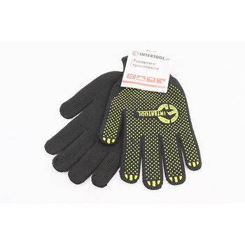 Рукавиці робочі 60% бавовна/40% поліестер 10", клас в'язки 7, чорний, з платуванням, жовта ПВХ точка SP-0125