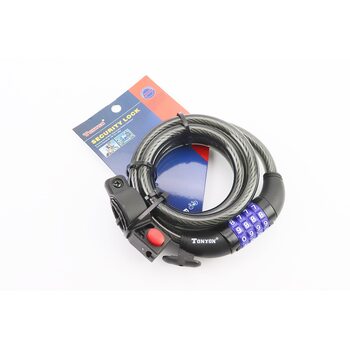 Замок протиугінний тросовий 1500х12мм з 4-х значним кодом, кріплення за трубу сидіння, TY523