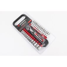 Набор головок торцевых c трещоткой (изогн. ручка) 1/4" CrV 72 зуба + удлин. 1/4" 100мм 26шт (4/4,5/5/5,5/6/7/8/9/10/11/12/13/14мм + насадки) ET-8018