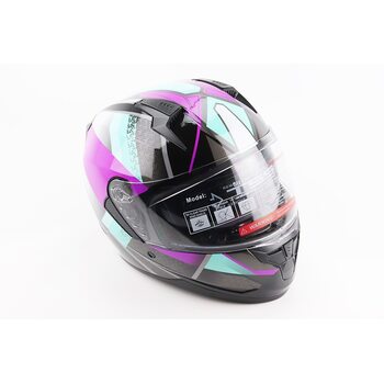 Шлем интеграл, закрытый (сертификация DOT)+откидные очки BLD-M67 М (57-58см), ЧЕРНЫЙ/ФИОЛЕТОВО-БИРЮЗОВЫЙ