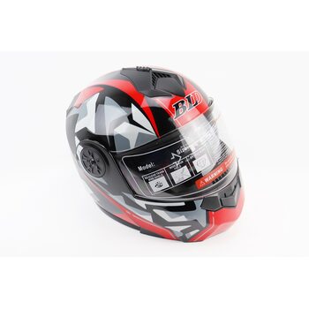 Шлем модуляр, закрытый с откидным подбородком+откидные очки BLD-159 S (55-56см), ЧЁРНЫЙ глянец с красно-серым рисунком