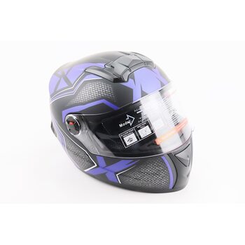 Шлем интеграл, закрытый+очки BLD-М61 S (55-56см), ЧЁРНЫЙ матовый с сине-серым рисунком