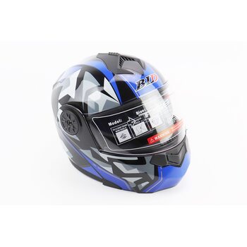 Шлем модуляр, закрытый с откидным подбородком+откидные очки BLD-159 L (59-60см), ЧЁРНЫЙ глянец с сине-серым рисунком