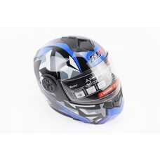 Шлем модуляр, закрытый с откидным подбородком+откидные очки BLD-159 S (55-56см), ЧЁРНЫЙ глянец с сине-серым рисунком