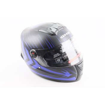 Шлем интеграл, закрытый (сертификация DOT)+откидные очки BLD-М61 M (57-58см), ЧЕРНО-СИНИЙ (флуоресцентный)
