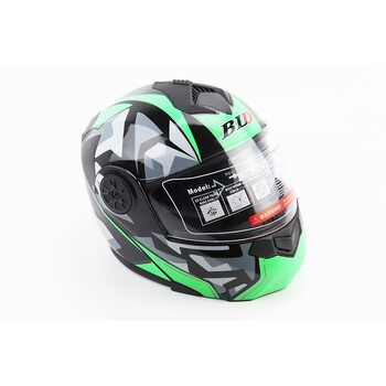 Шлем модуляр, закрытый с откидным подбородком+откидные очки BLD-159 М (57-58см), ЧЕРНО-ЗЕЛЕНЫЙ