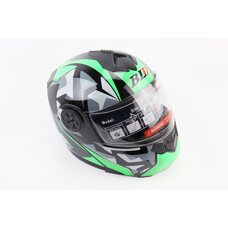 Шлем модуляр, закрытый с откидным подбородком+откидные очки BLD-159 S (55-56см), ЧЁРНЫЙ глянец с зелёно-серым рисунком