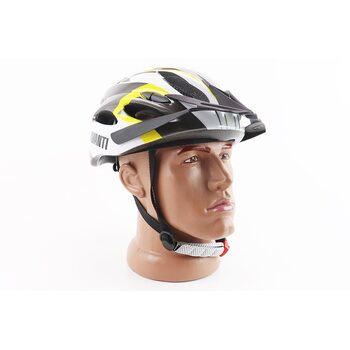 Шолом велосипедний M (54-57 см) знімний козирок, 18 вент. отворів, чорно-біло-жовтий AVHM-02