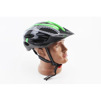 Шолом велосипедний L (54-62 см) знімний козирок, 21 вент. отворів, чорно-зелено-білий