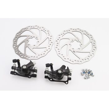 Гальмо Disk-brake переднє (F160/R140мм)+заднє (F180/R160мм), диски 160мм, кріпл. 6 болтів, чорні DX-2007