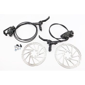 Тормоз Disk-brake гидравлический передний (F160/R140мм)+задний (F180/R160мм) в сборе, диски 160мм, креп. 6 болтов, черные