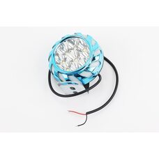 Фара дополнительная светодиодная влагозащитная - 9 LED с креплением, 70мм с стробоскопом и разноцветной подсветкой, синий бортик